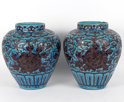 Lot 309 - A large pair of Oriental jars, each decorated...