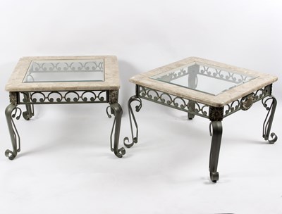 Lot 651 - A pair of glass topped faux marble occasional...