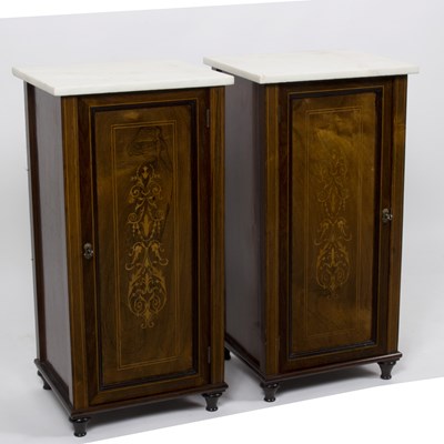 Lot 755 - A pair of Edwardian marble top walnut bedside...