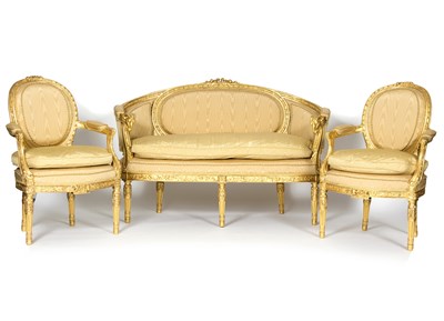 Lot 816 - A Louis XVI style giltwood three-piece salon...