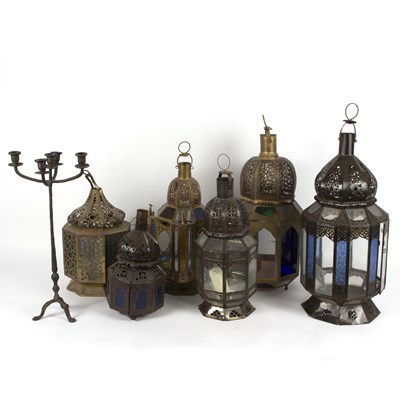 Lot 970 - Six metalware lanterns, some with coloured...