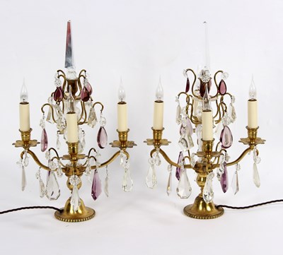 Lot 977 - A pair of four-light table lights, hung...