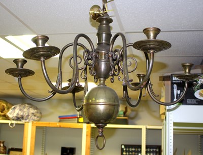 Lot 986 - A Dutch style brass chandelier with six...