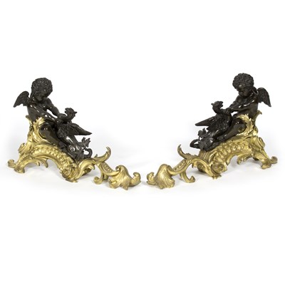 Lot 1007 - A pair of Louis XV bronze and ormolu chenets,...