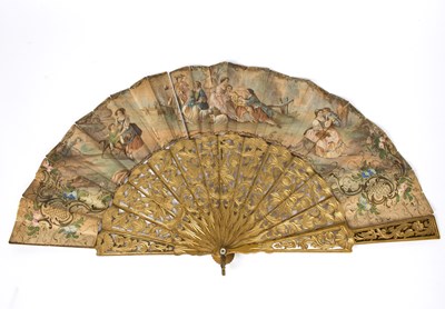 Lot 1045 - A fan with stained wood sticks, painted scenes...