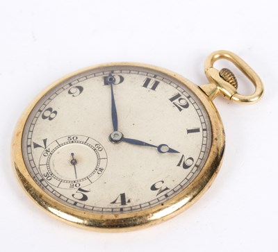 Lot 144 - A slim 18k gold cased open-faced pocket watch,...