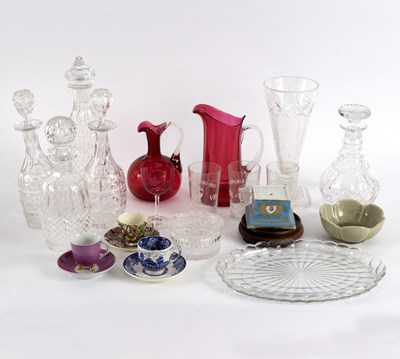 Lot 164 - A cranberry glass jug, three drinking glasses...