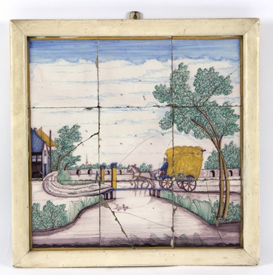 Lot 205 - Nine framed Dutch tiles, painted a scene of a...