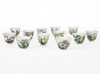 Lot 245 - Twelve Chinese porcelain month cups, Republic...