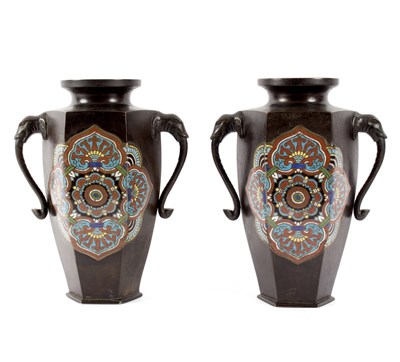 Lot 258 - A pair of octagonal Japanese cloisonné vases...