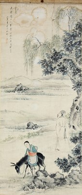 Lot 297 - Wang Xiaomei/A man leading a donkey along a...