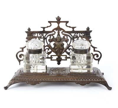 Lot 349 - A bronze desk inkstand, fitted two glass...