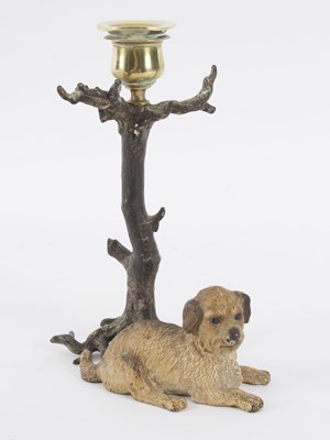 Lot 378 - A cold painted bronze candlestick, the support...