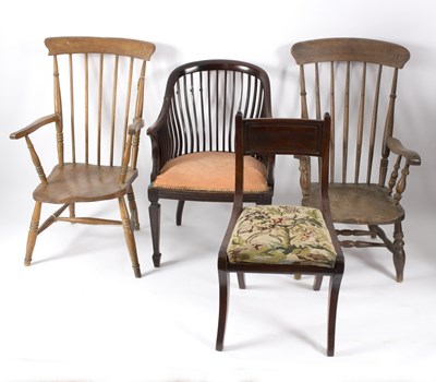 Lot 583 - Two stick back armchairs with elm seats, a tub...