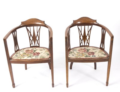 Lot 707 - A pair of Edwardian inlaid tub chairs, with...