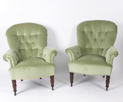 Lot 781 - A pair of Edwardian button back armchairs, on...