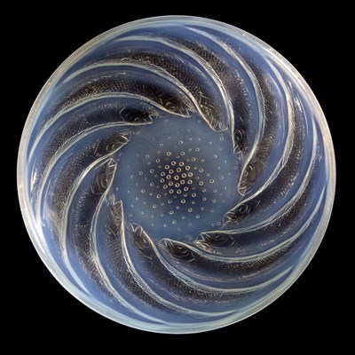 Lot 94 - Lalique, a Poisson opalescent blue glass bowl,...