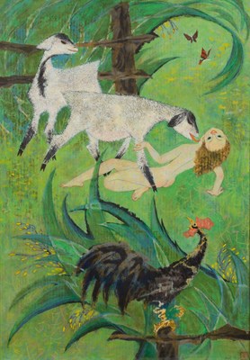 Lot 359 - Muli Tang/Girl with Sheep and Cockerel/signed...