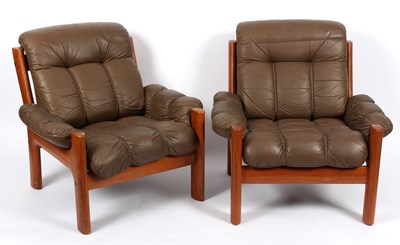 Lot 468 - A pair of teak and leather armchairs,...