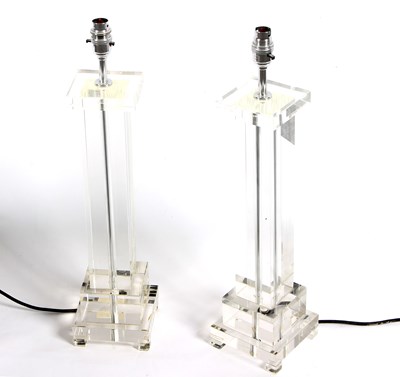 Lot 484 - Two square stepped glass table lights, 51cm high