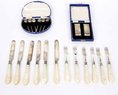 Lot 24 - Six pairs of silver desert knives and forks,...