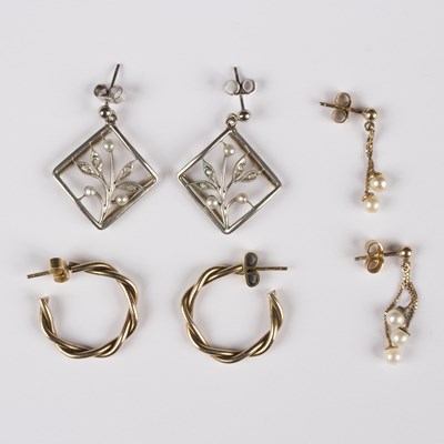 Lot 139 - A pair of diamond and pearl pendant earrings...