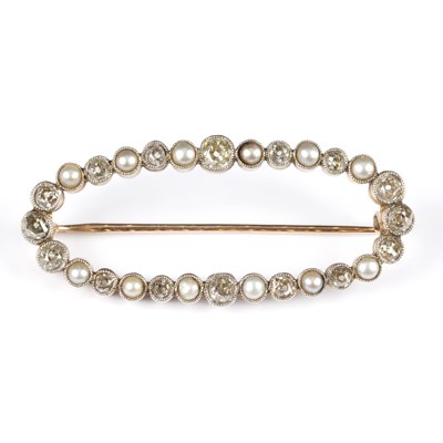 Lot 191 - A diamond and seed pearl brooch of oval...