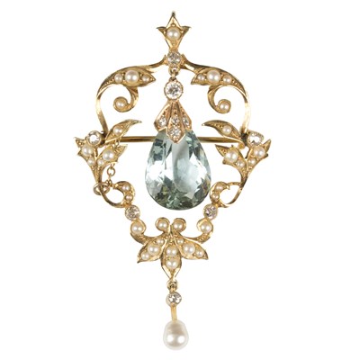 Lot 234 - An Edwardian diamond, pearl and aquamarine...