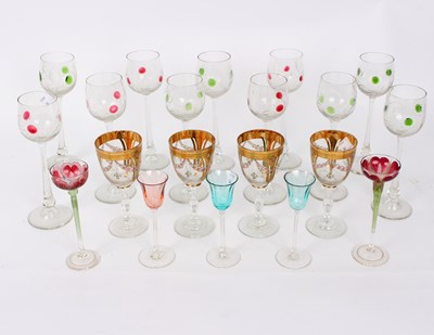 Lot 282 - Ten hock glasses with green and red sunburst...