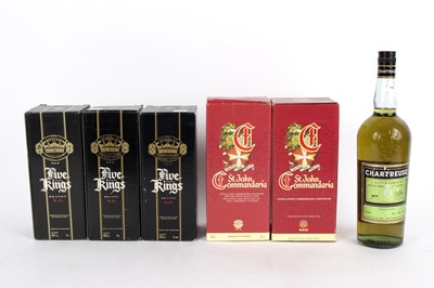 Lot 448 - Three bottles of Five Kings Brandy, boxed, two...