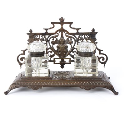 Lot 451 - A bronze desk inkstand, fitted two glass...