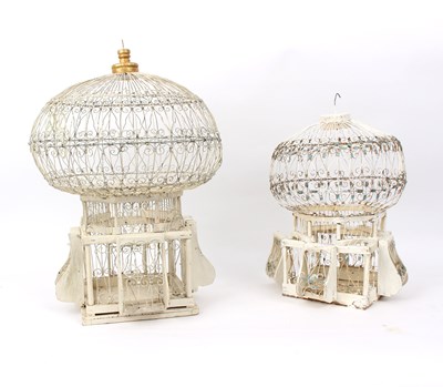 Lot 456 - Two lantern style wirework birdcages painted...