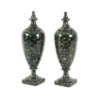 Lot 750 - A pair of Italian green porphyry vases, on...