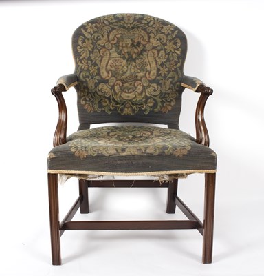 Lot 890 - An upholstered armchair with mahogany scrolled...