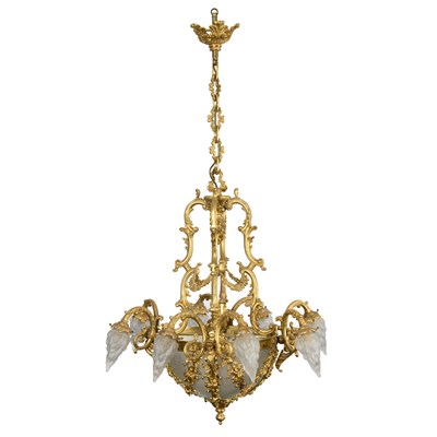 Lot 931 - A gilt metal and frosted glass pendant light,...