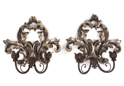 Lot 960 - A pair of Italian silvered wall lights each...