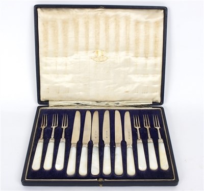 Lot 53 - A set of six silver and mother-of-pearl fruit...