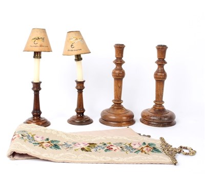 Lot 315 - Two pairs of turned wood candlesticks and a...