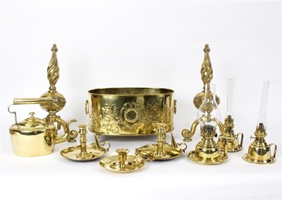 Lot 316 - An oval brass jardiniere, 39cm wide, a pair of...