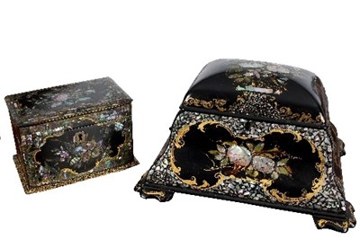 Lot 322 - A Victorian papier-mache tea caddy, the domed...