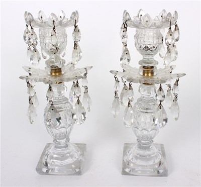 Lot 417 - A pair of English cut glass candle lustres,...