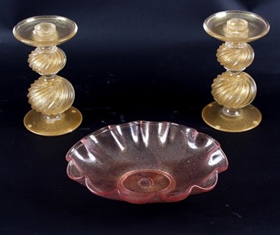 Lot 427 - A pair of gold-flecked Murano glass...