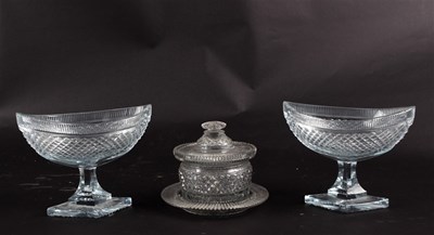 Lot 437 - A pair of cut glass comports and a jar, cover...