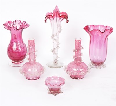Lot 438 - A pair of mottled pink glass vases each with...
