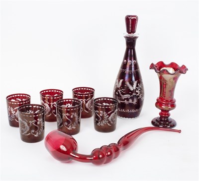Lot 440 - A Bohemian red glass decanter and stopper...