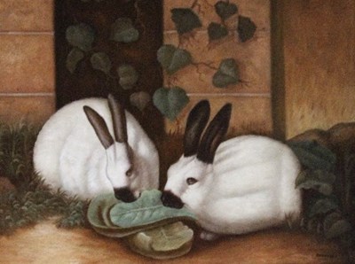 Lot 725 - Borofsky/Rabbits Eating Cabbage/oil on canvas,...