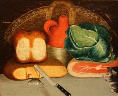Lot 737 - Naive School/Cat, Mouse and Food/oil on canvas,...