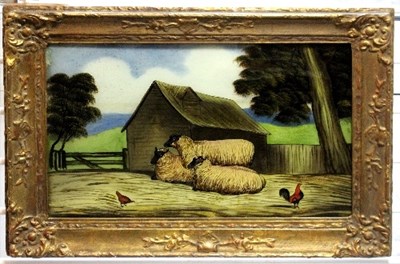 Lot 739 - A naive reverse glass painting/Sheep in a...
