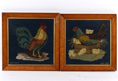 Lot 867 - A pair of needlework pictures of a Rooster and...