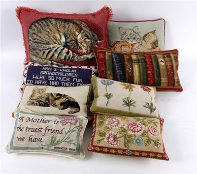 Lot 869 - Eight modern needlework cushions, three...